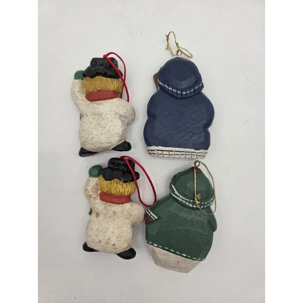 Lot of 4 Mixed Playful Fun Snowman Christmas Ornaments Wood Resin Vntg